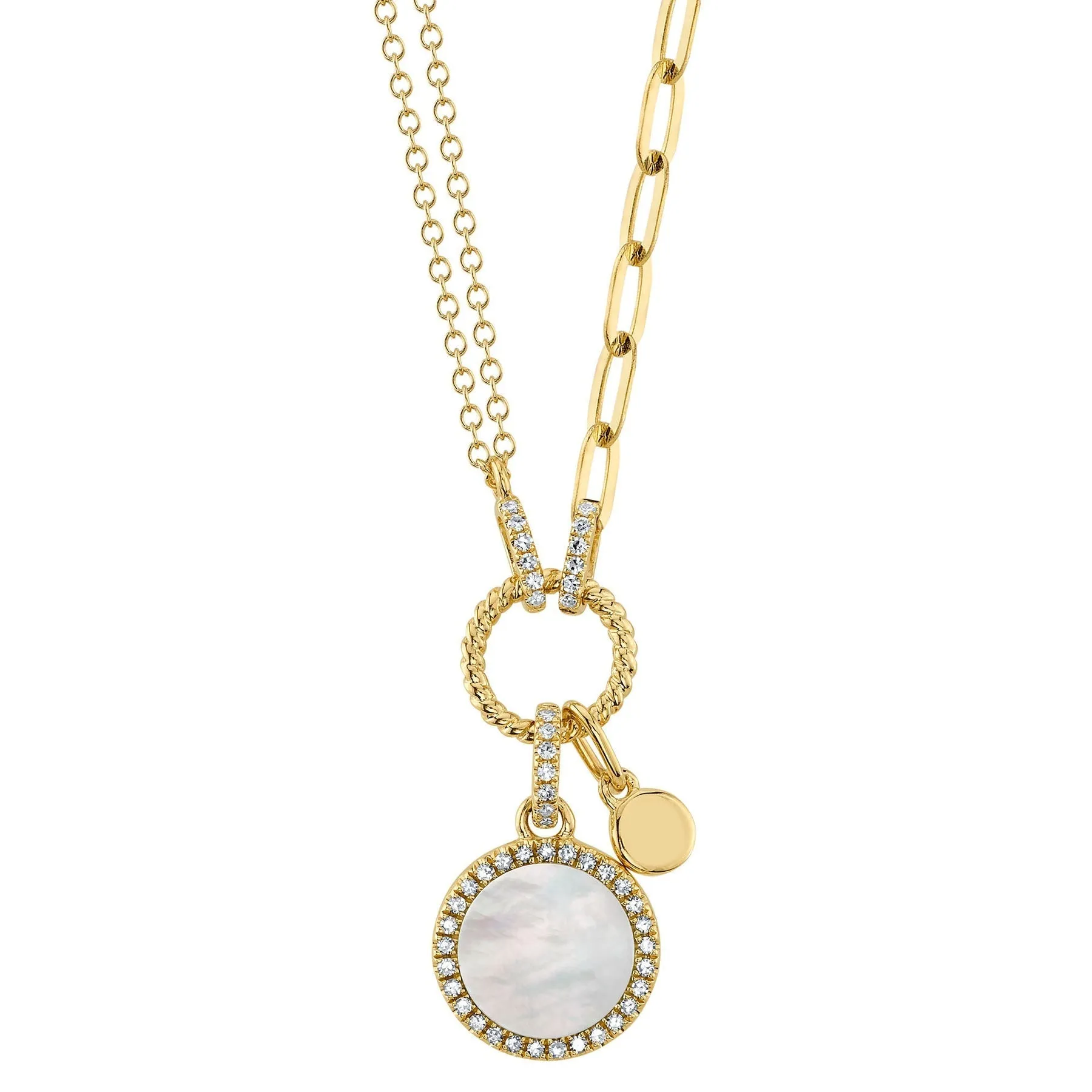 0.13CT DIAMOND & 0.57CT MOTHER OF PEARL CIRCLE PAPER CLIP LINK NECKLACE 