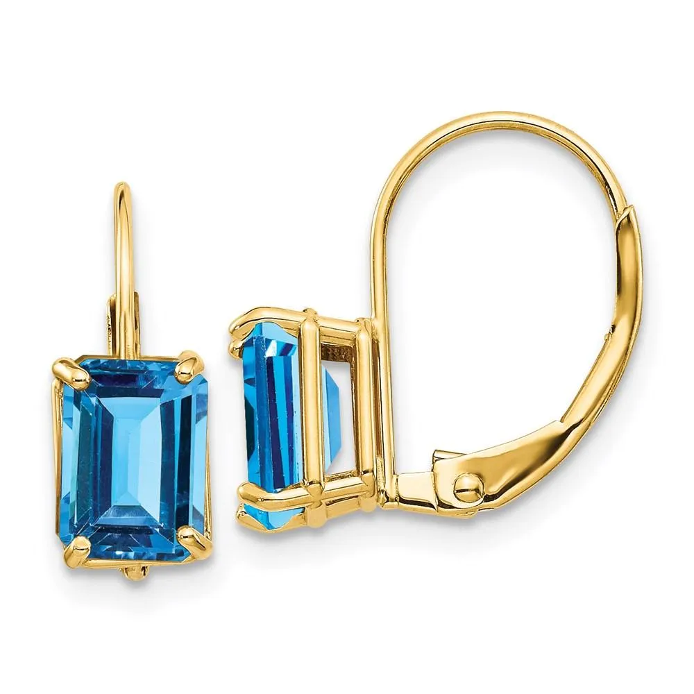 14k 7x5mm Emerald Cut Blue Topaz Leverback Earrings 