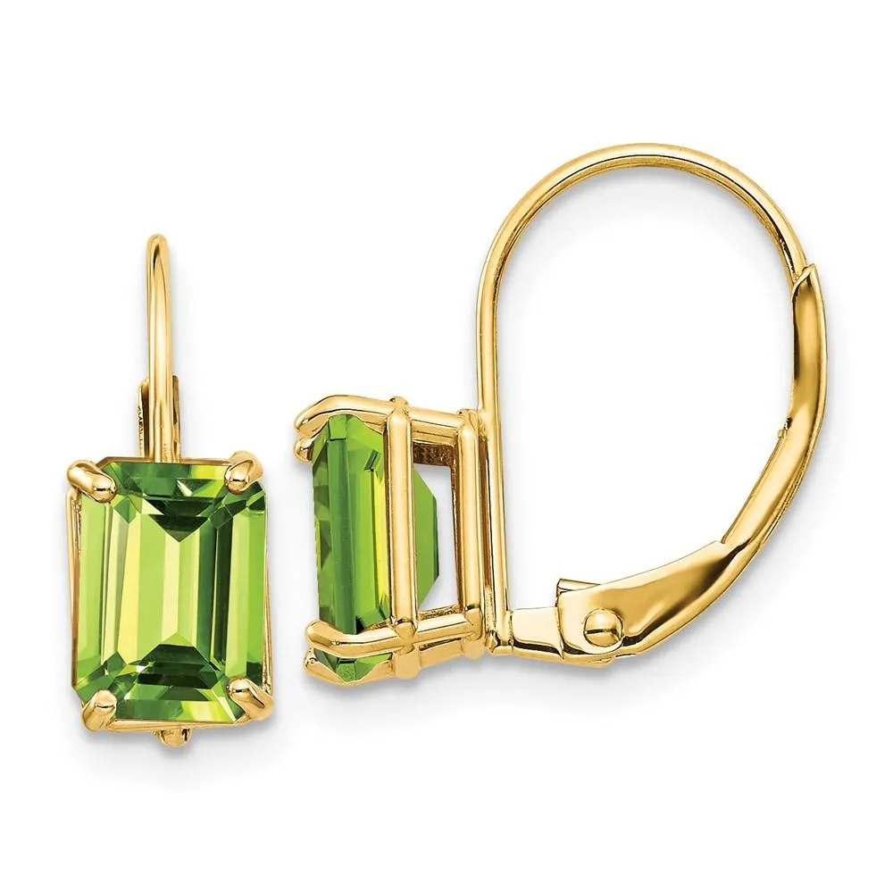 14k 7x5mm Emerald Cut Peridot Leverback Earrings 