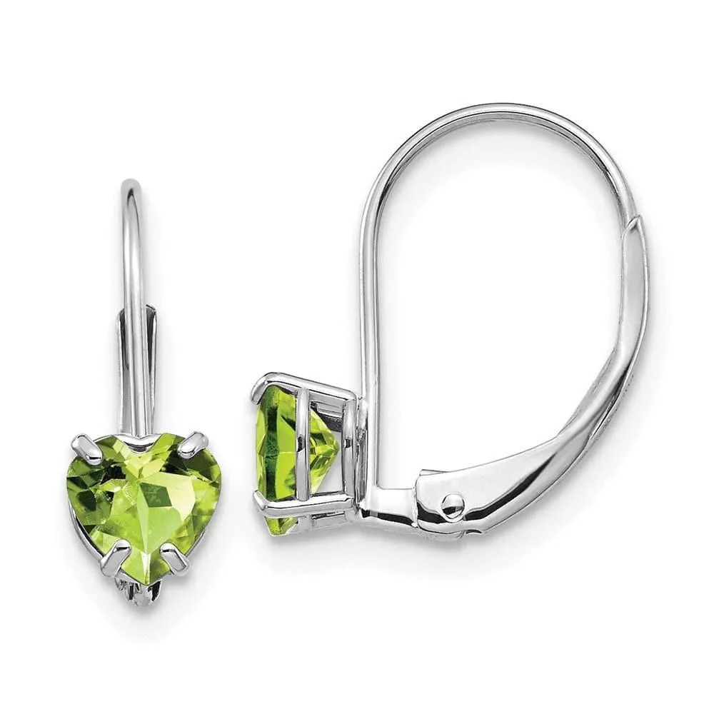14k White Gold 5mm Heart Peridot Leverback Earrings 