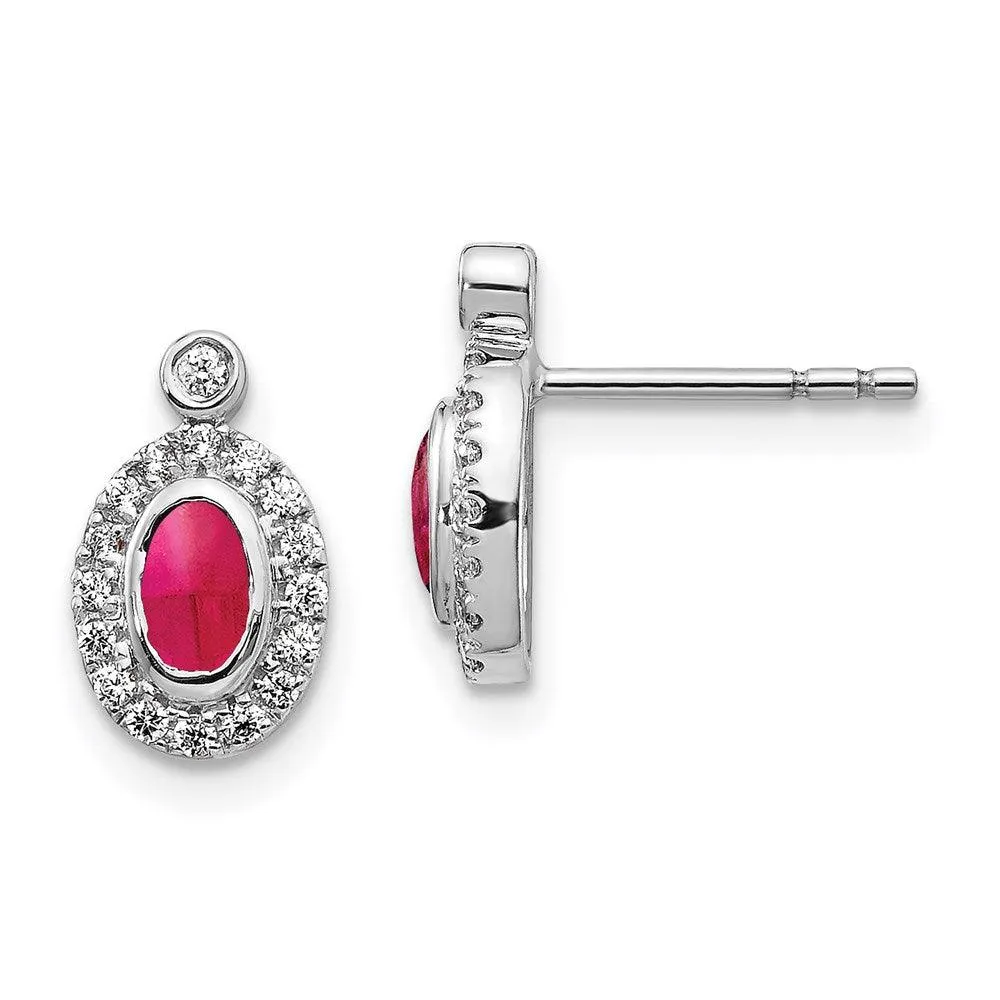 14k White Gold Diamond & Cabochon Ruby Earrings 