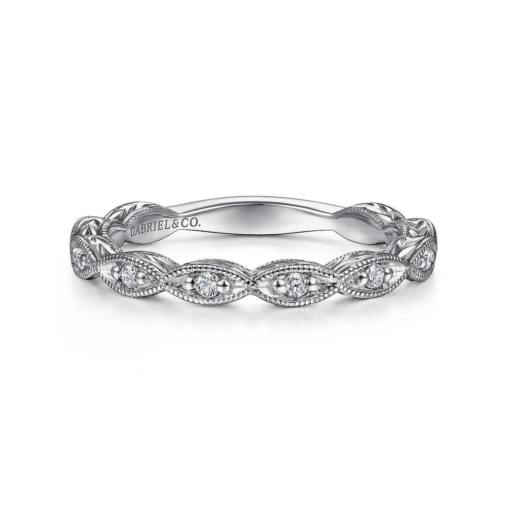 14K White Gold Vintage Inspired Prong Set Straight Diamond Ring 