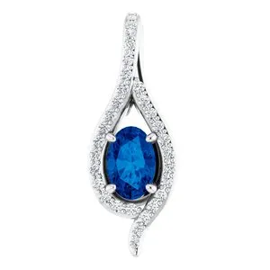 14K White Lab-Grown Blue Sapphire & 1/8 CTW Natural Diamond Pendant 