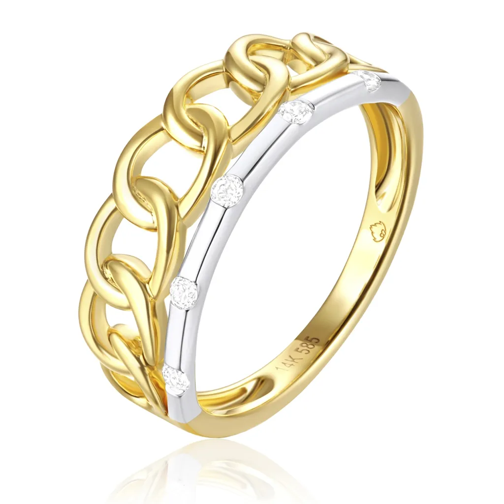 14K Yellow And White Gold Bar And Chain Diamond Ring 