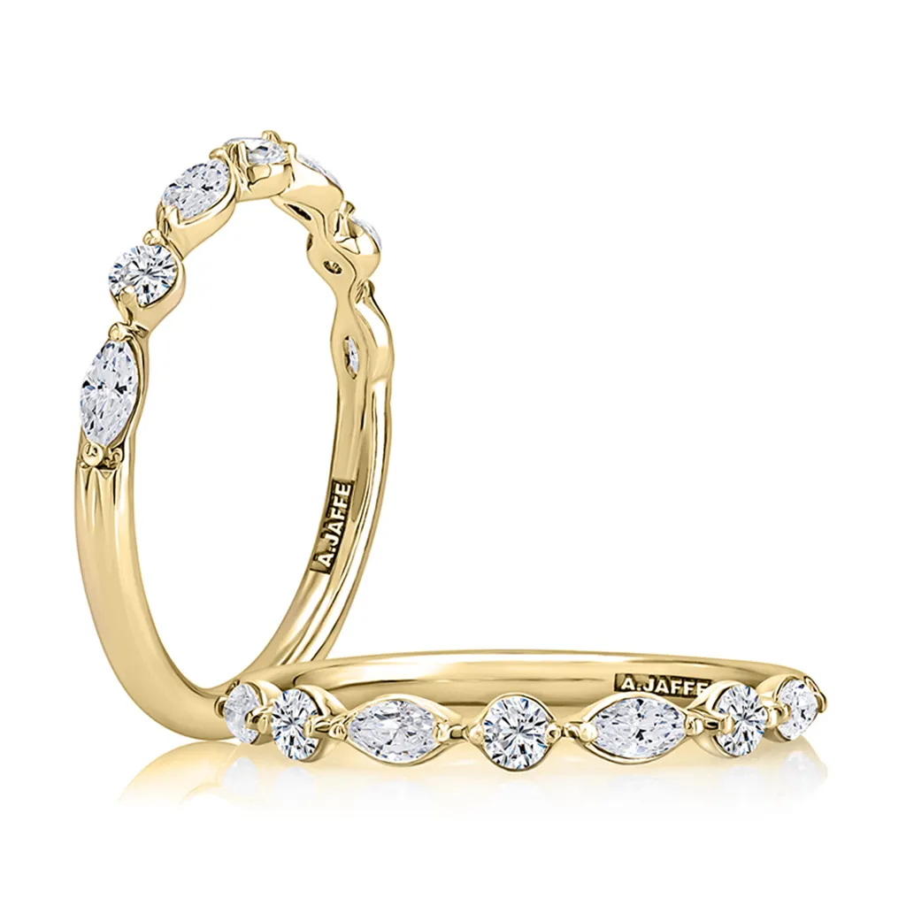 14K Yellow Gold Alternating Marquise and Round Shape Diamond Band 