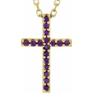 14K Yellow Natural Amethyst Petite Cross 16" Necklace 