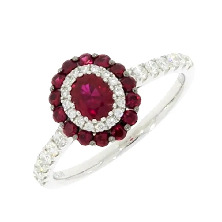18ct White Gold Ruby and Diamond Multi Stone Cluster Ring 