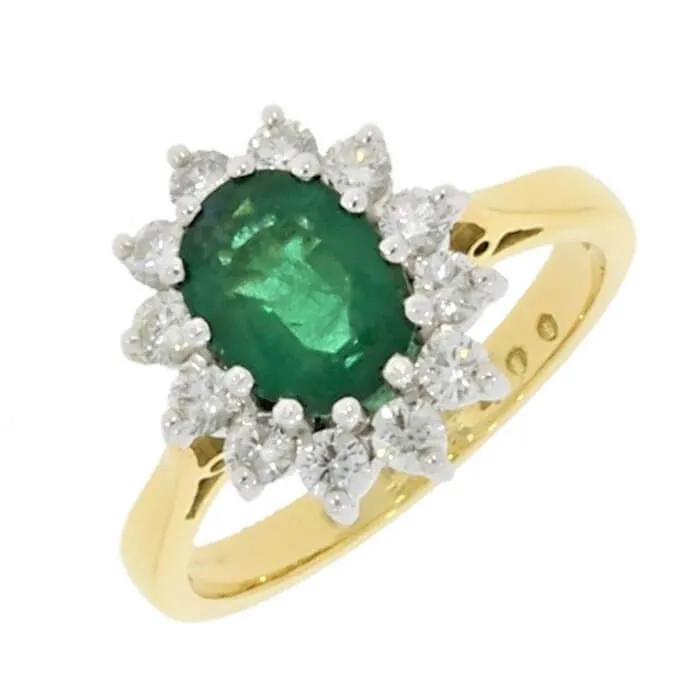 18ct Yellow Gold 1.50ct Emerald & 0.54 Diamond Cluster Ring 