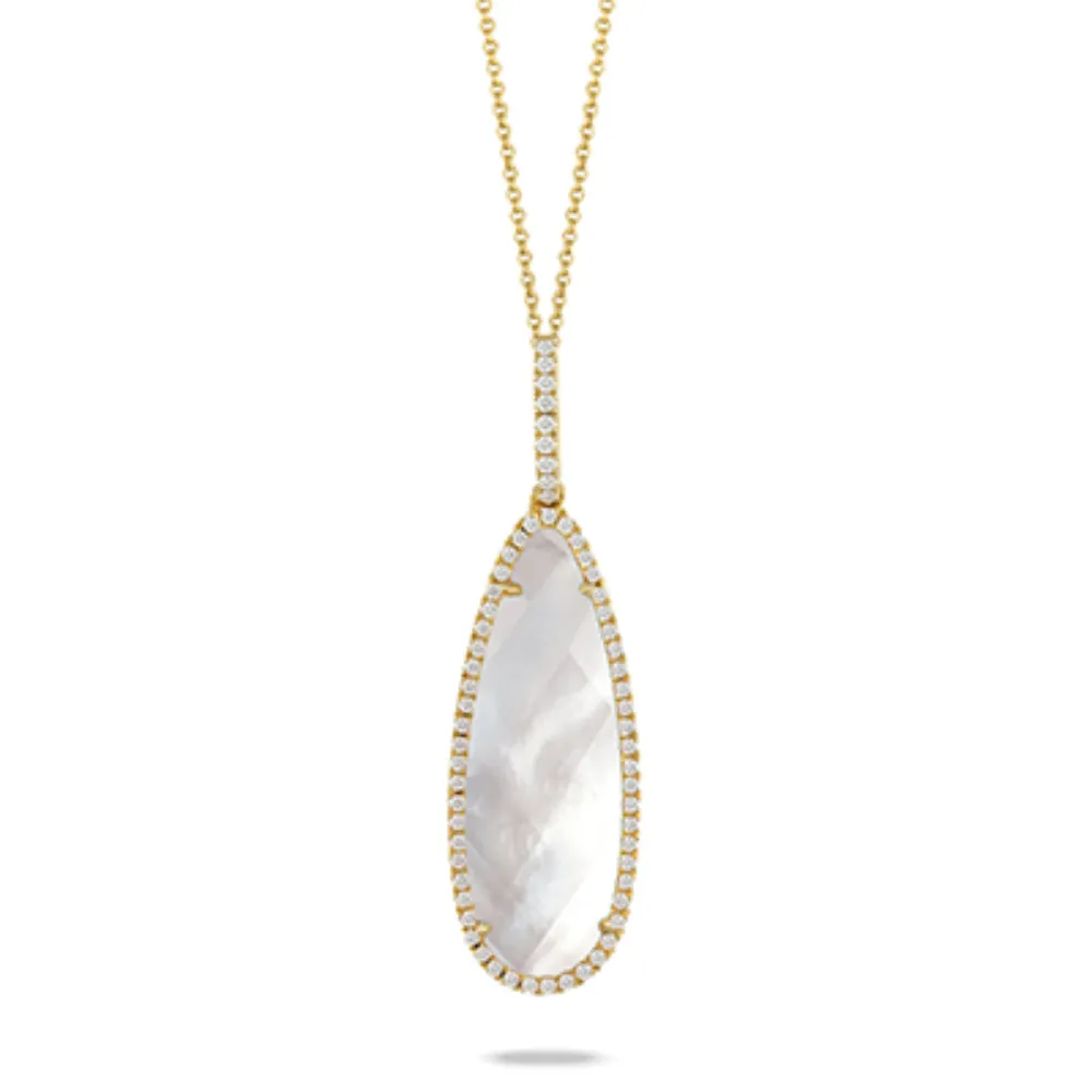 18k Gold Mother of Pearl Drop Pendant Necklace with Diamonds 