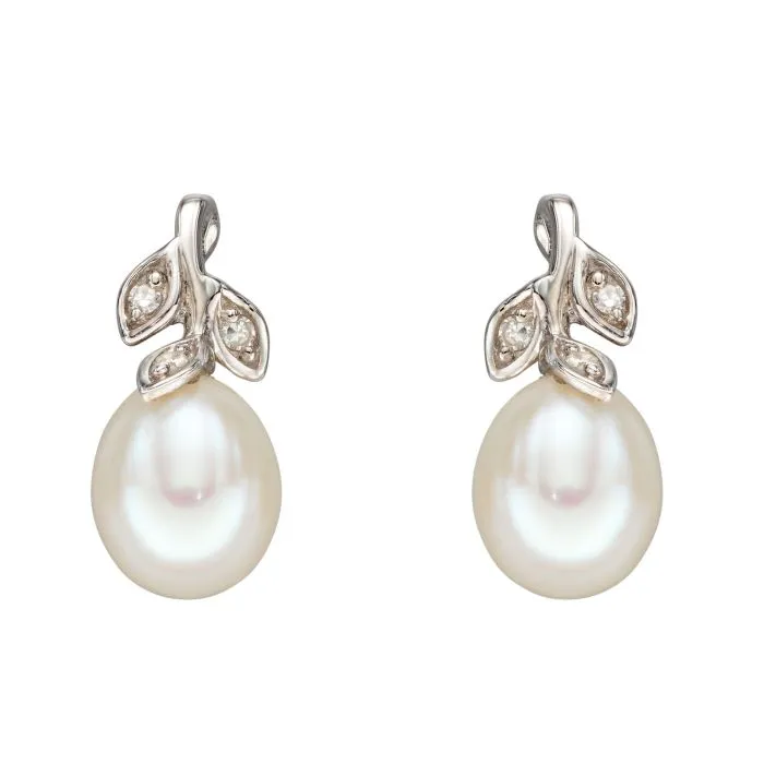 9ct White Gold Freshwater Pearl and Diamond Earrings GE2342W 