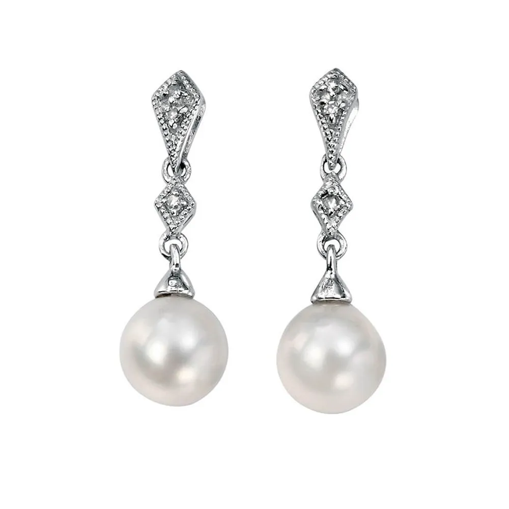 9ct White Gold Freshwater Pearl and Diamond Earrings GE807W 