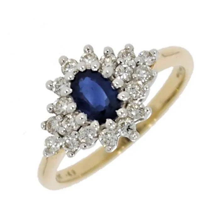9ct Yellow Gold 0.49cts Brilliant Cut Diamond & Sapphire Cluster Ring 