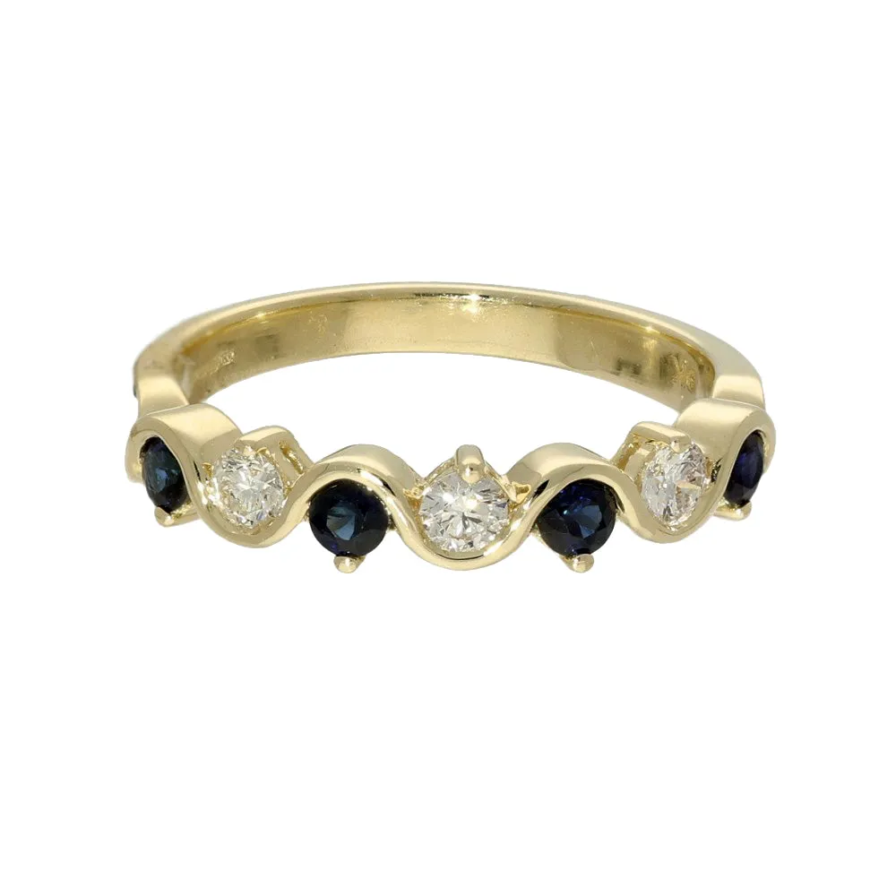 9ct Yellow Gold Sapphire and Diamond Half Eternity Wave Ring 