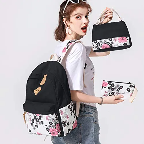 Abshoo Lightweight Canvas Floral Backpacks for Teen Girls School Backpack with Lunch Bag (DG20 Pink)