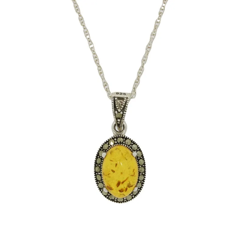 Amber and Marcasite Sterling Silver Oval Pendant and Chain 