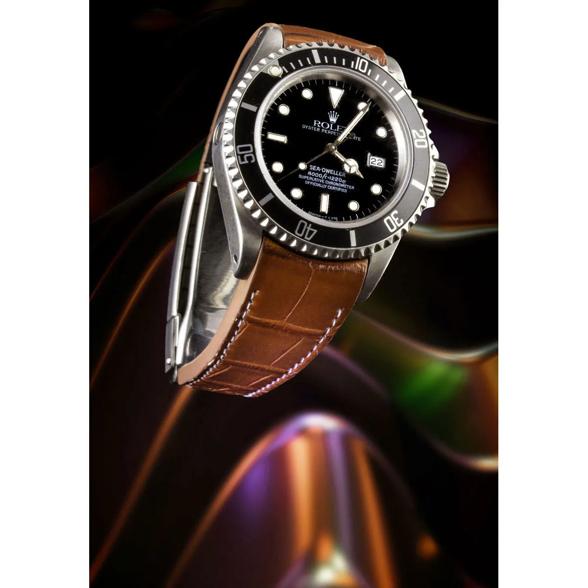 a??Rolex - R Strap premium leather watchstrap - Alligator / crocodile  (black, white, brown, blue, light kaki) with white stitching