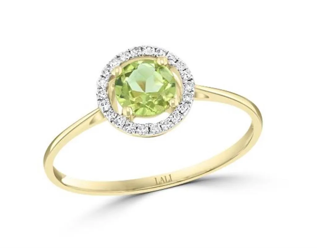 August Birthstone Rings: 14K Yellow Gold Diamond And Peridot Halo Ring 