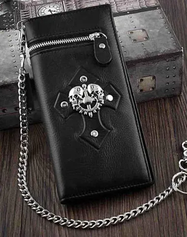 Badass Black Leather Men's Skull Long Biker Wallet Bifold Black Chain Long Wallets For Men Free shipping wallets