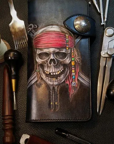 Badass Leather Men's Pirate Skull Long Biker Wallet Handmade Tooled Biker Chain Wallets For Men Free shipping wallets