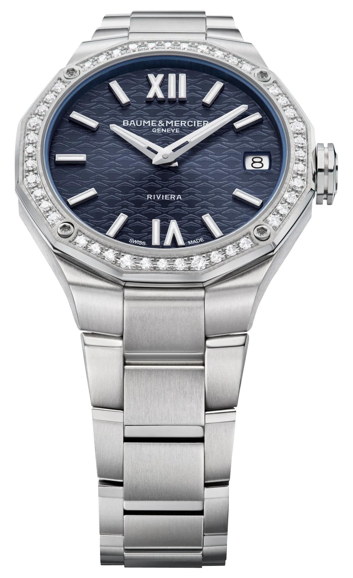 Baume & Mercier Riviera Stainless Steel Blue Dial Diamonds Date Quartz Womens Watch M0A10765