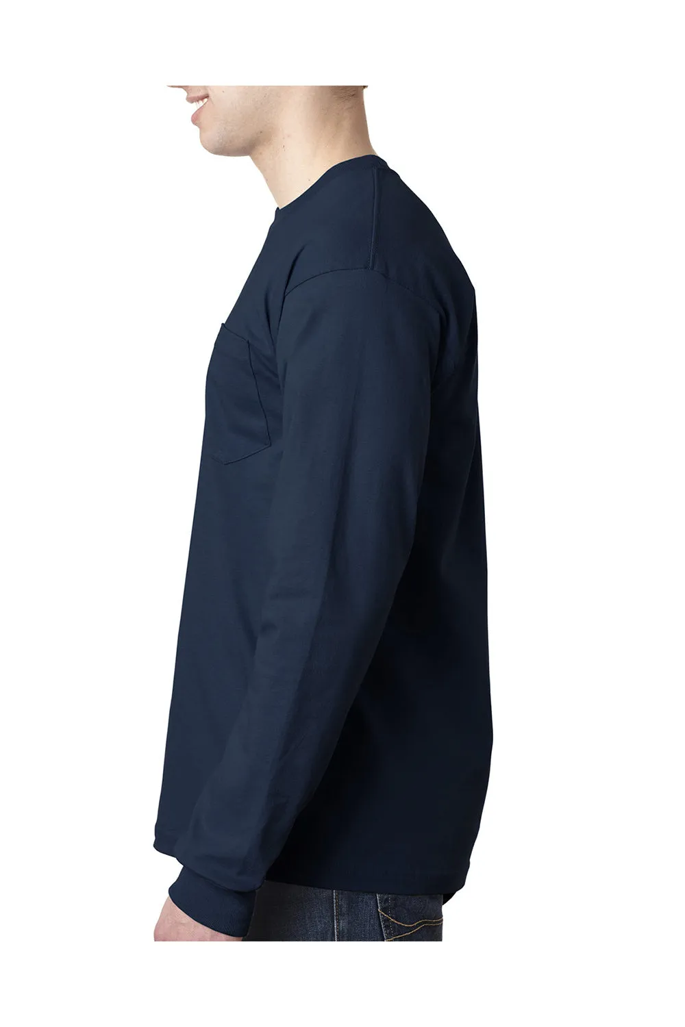 T-shirt à manches longues pour hommes Bayside fabriqué aux États-Unis avec poche - Bleu marine