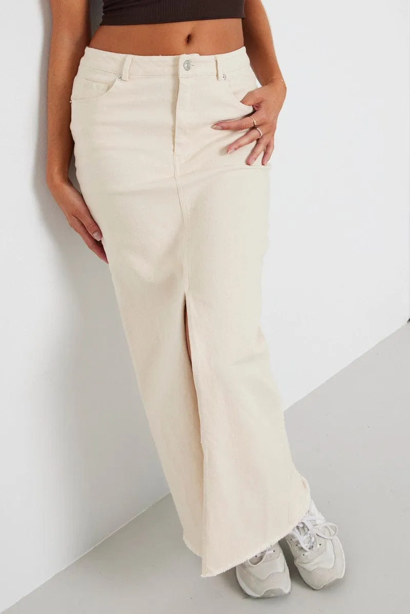 Beige Denim Skirt Maxi Front Split,skirt,denim skirt,mini skirt,maxi skirt,jean skirt,skort,tennis skirt,pleated skirt,pencil skirt,bubble skirt,plisse skirt,fitted skirt,midi skirt,short skirt,short mini skirt,leather skirt,a line skirt