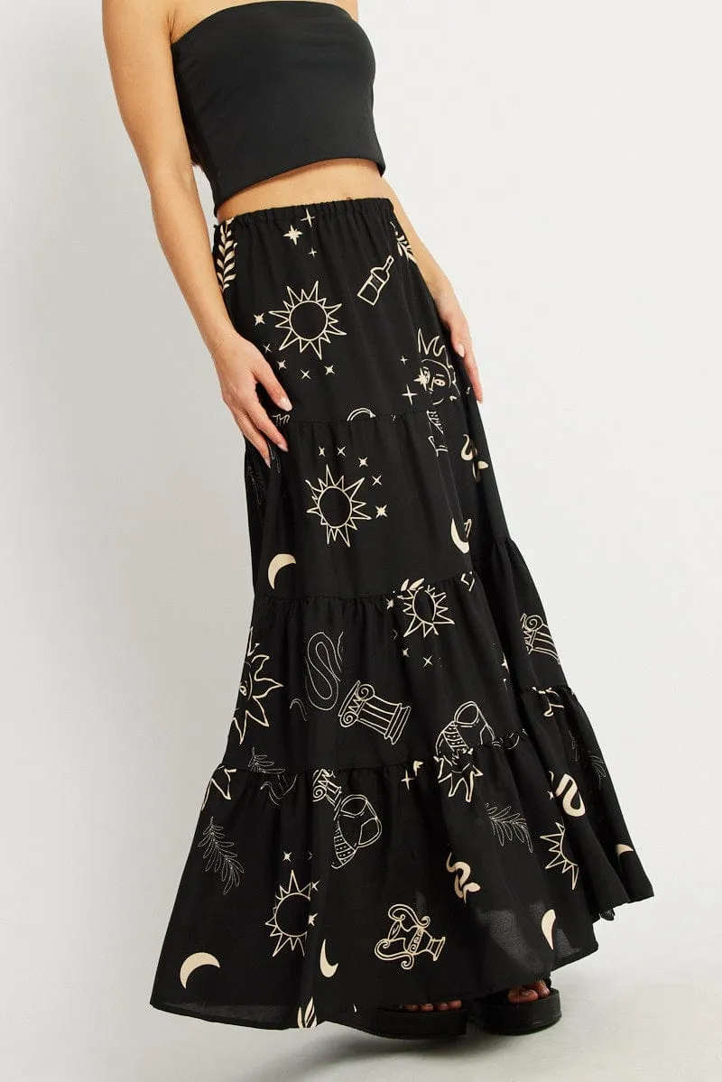 Black Abstract Maxi Skirt Tiered High Rise Elastic Waistband,skirt,denim skirt,mini skirt,maxi skirt,jean skirt,skort,tennis skirt,pleated skirt,pencil skirt,bubble skirt,plisse skirt,fitted skirt,midi skirt,short skirt,short mini skirt,leather skirt,a lin
