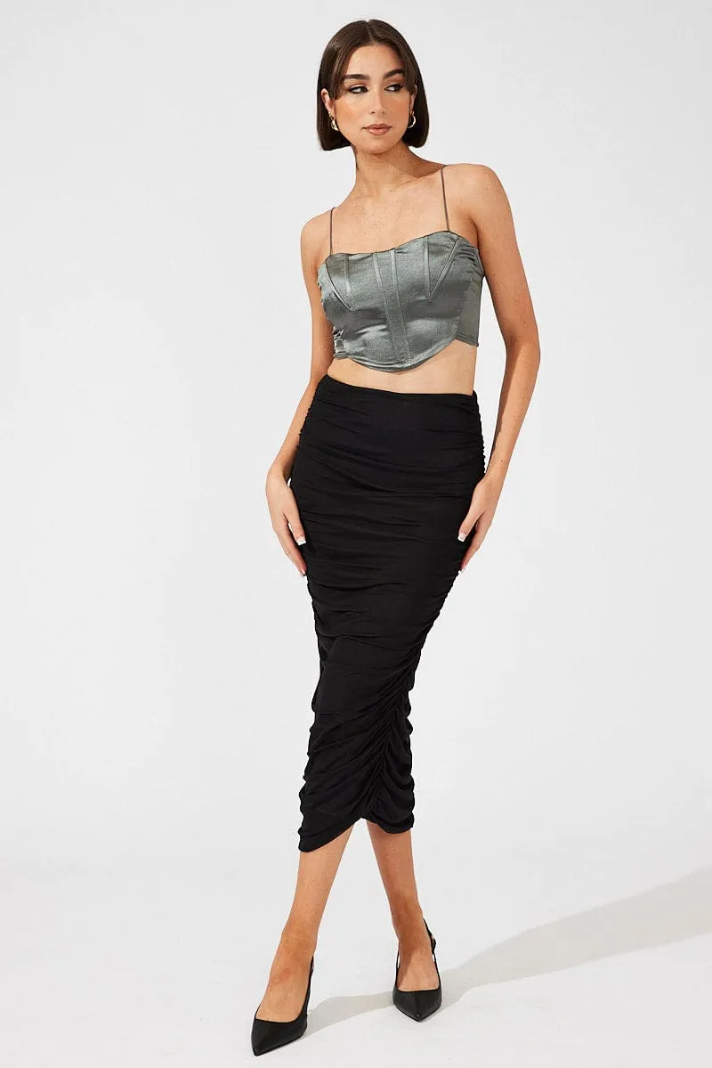 Black Abstract Midi Skirt Side Ruched Mesh,skirt,denim skirt,mini skirt,maxi skirt,jean skirt,skort,tennis skirt,pleated skirt,pencil skirt,bubble skirt,plisse skirt,fitted skirt,midi skirt,short skirt,short mini skirt,leather skirt,a line skirt