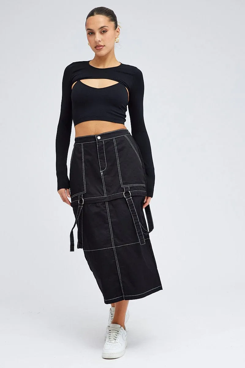 Black Cargo Skirt High Rise Elastic Two-way Midi Mini,skirt,denim skirt,mini skirt,maxi skirt,jean skirt,skort,tennis skirt,pleated skirt,pencil skirt,bubble skirt,plisse skirt,fitted skirt,midi skirt,short skirt,short mini skirt,leather skirt,a line skirt