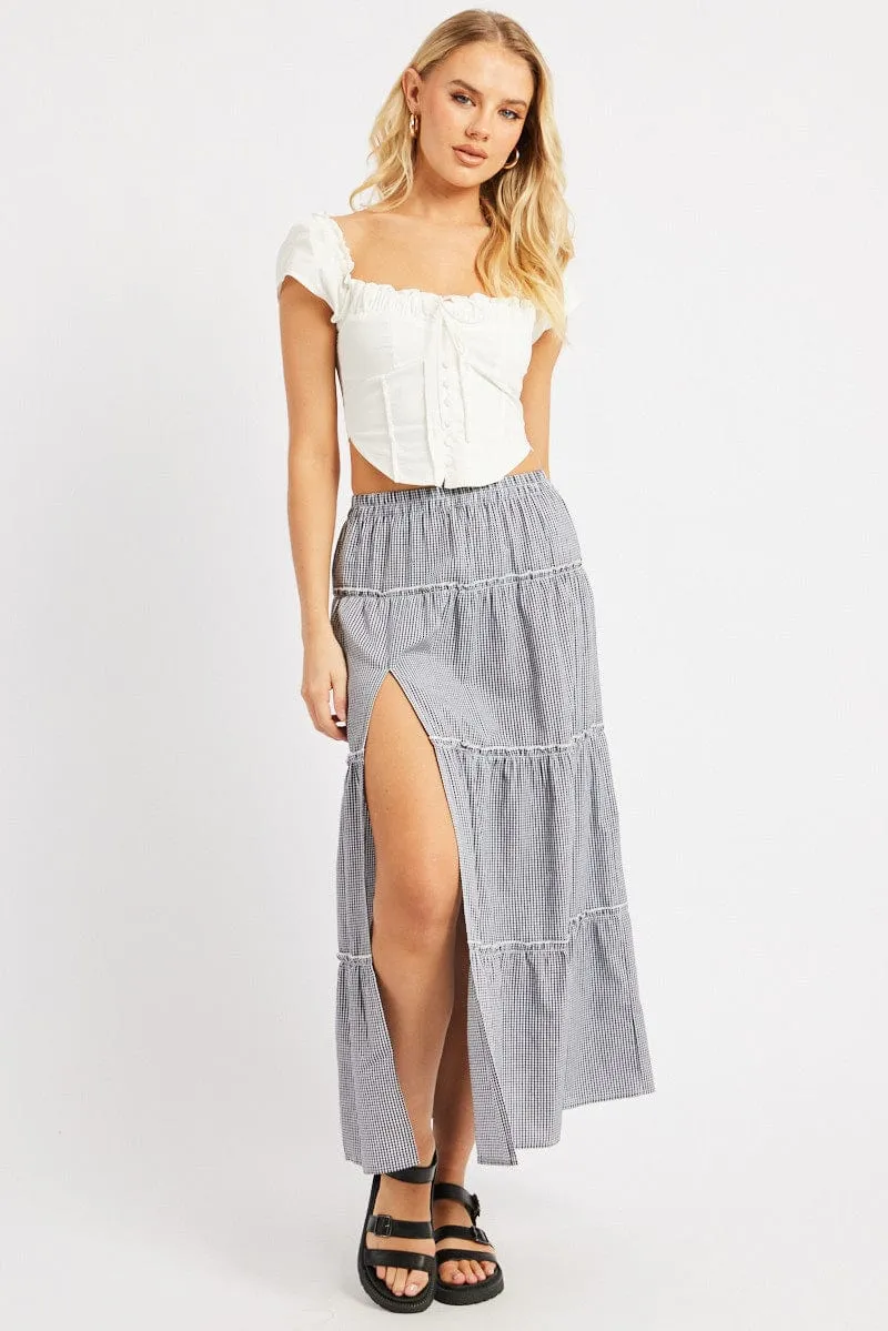 Black Check Tiered Maxi Slit Skirt,skirt,denim skirt,mini skirt,maxi skirt,jean skirt,skort,tennis skirt,pleated skirt,pencil skirt,bubble skirt,plisse skirt,fitted skirt,midi skirt,short skirt,short mini skirt,leather skirt,a line skirt