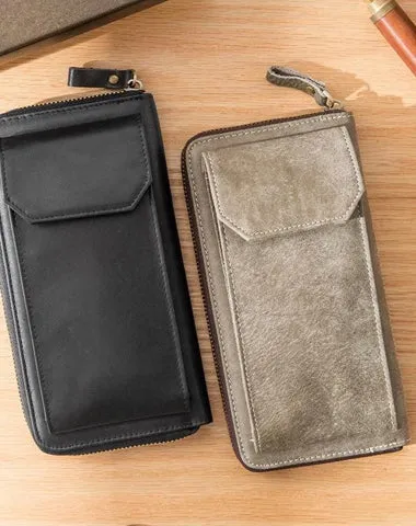 Black Cool Leather Mens Long Wallets Bifold Zipper Gray Long Wallet Card Wallet for Men Cyber Monday wallet sale