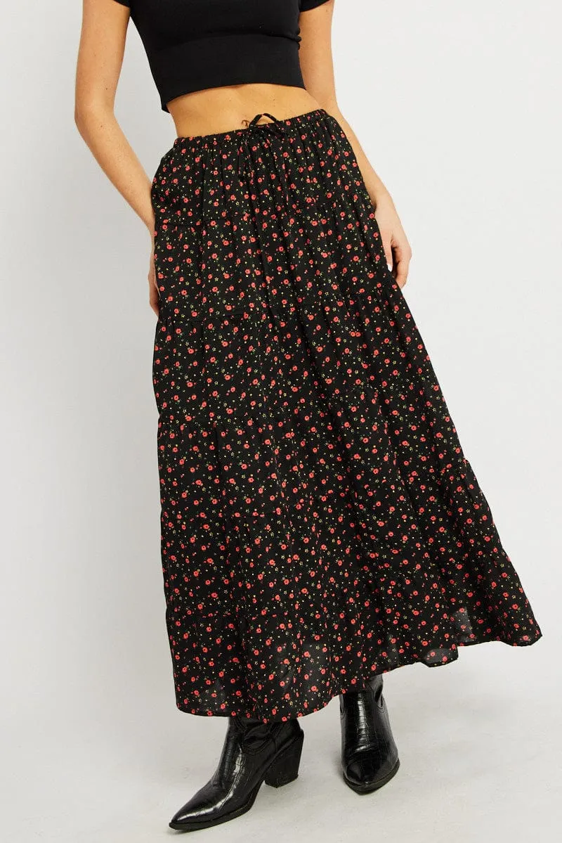 Black Ditsy Maxi Skirt Tiered High Rise,skirt,denim skirt,mini skirt,maxi skirt,jean skirt,skort,tennis skirt,pleated skirt,pencil skirt,bubble skirt,plisse skirt,fitted skirt,midi skirt,short skirt,short mini skirt,leather skirt,a line skirt,Split skirt