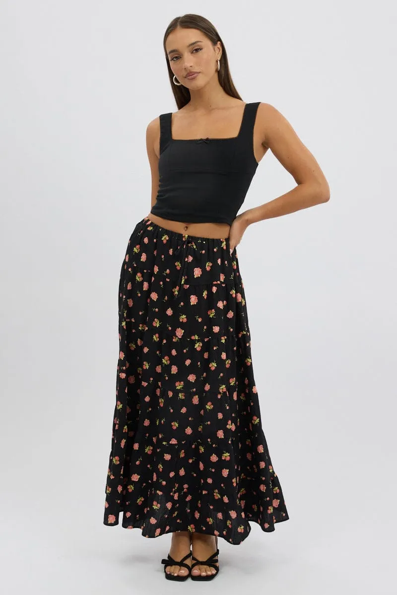 Black Ditsy Maxi Skirt Tiered High Rise,skirt,denim skirt,mini skirt,maxi skirt,jean skirt,skort,tennis skirt,pleated skirt,pencil skirt,bubble skirt,plisse skirt,fitted skirt,midi skirt,short skirt,short mini skirt,leather skirt,a line skirt,Split skirt