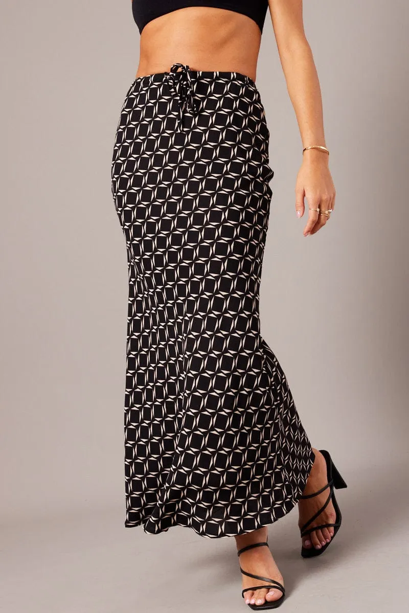 Black Geo Slip Skirt Maxi Drawstring Waist,skirt,denim skirt,mini skirt,maxi skirt,jean skirt,skort,tennis skirt,pleated skirt,pencil skirt,bubble skirt,plisse skirt,fitted skirt,midi skirt,short skirt,short mini skirt,leather skirt,a line skirt