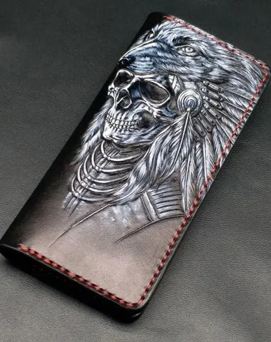 Black Handmade Tooled Indian Chief Skull Leather Mens Long Wallet Bifold Long Wallet For Men Free shipping wallets