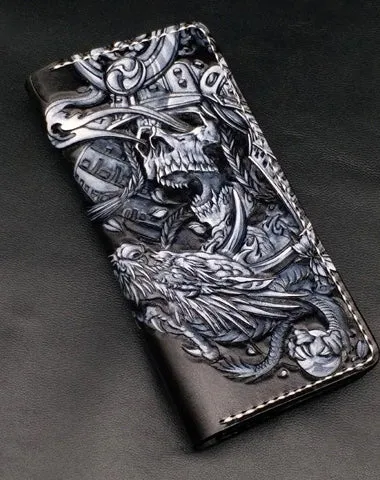 Black Handmade Tooled Japanese Samurai Skull Leather Mens Long Wallet Bifold Long Wallet For Men Free shipping wallets