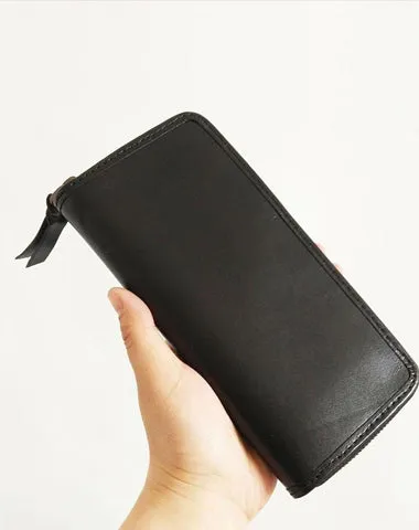 Black Handmade Vintage Mens Zipper Coffee Large Bifold Leather Long Wallet Cool Long Wallet for Men Cyber Monday wallet sale