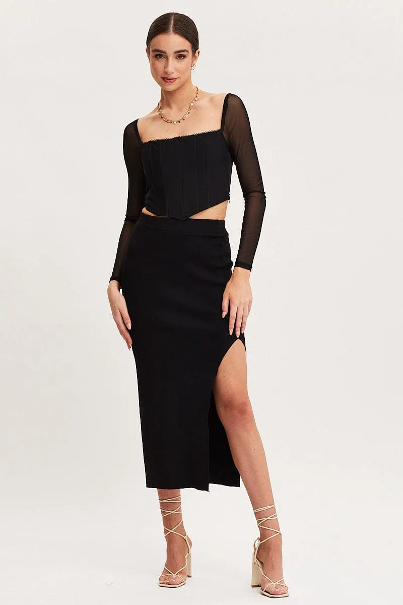 Black Knit Skirt Midi High Rise,skirt,denim skirt,mini skirt,maxi skirt,jean skirt,skort,tennis skirt,pleated skirt,pencil skirt,bubble skirt,plisse skirt,fitted skirt,midi skirt,short skirt,short mini skirt,leather skirt,a line skirt