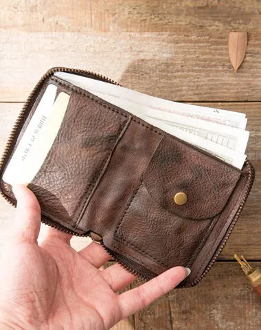 Black Leather Mens Small Card Wallet on sale Front Pocket Wallet on sale Brown Zipper Coin billfold Wallet on sale For Men