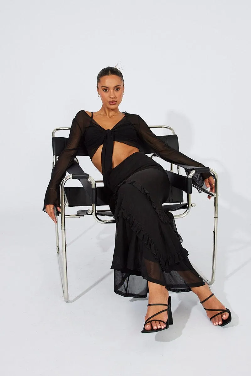 Black Maxi Skirt Mesh Asymmetric Ruffle,skirt,denim skirt,mini skirt,maxi skirt,jean skirt,skort,tennis skirt,pleated skirt,pencil skirt,bubble skirt,plisse skirt,fitted skirt,midi skirt,short skirt,short mini skirt,leather skirt,a line skirt,Split skirt