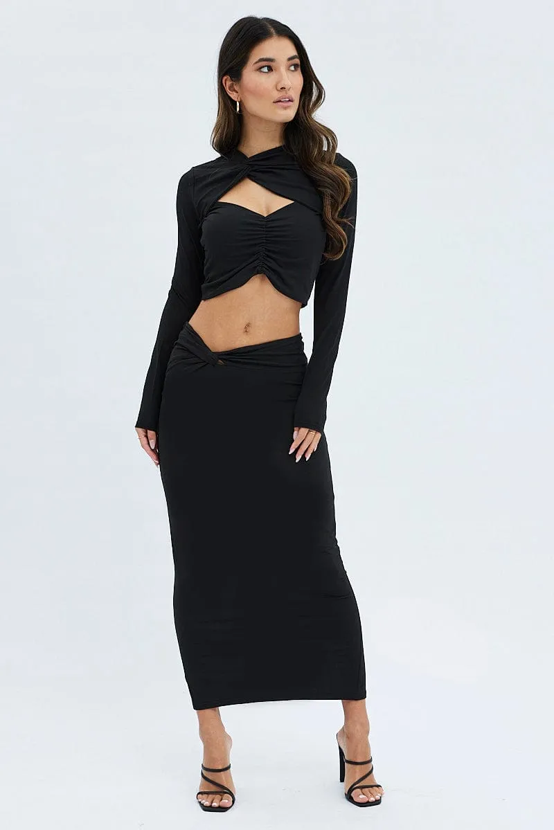 Black Midi Skirt Twisted Waist Double Layer,skirt,denim skirt,mini skirt,maxi skirt,jean skirt,skort,tennis skirt,pleated skirt,pencil skirt,bubble skirt,plisse skirt,fitted skirt,midi skirt,short skirt,short mini skirt,leather skirt,a line skirt,Split ski