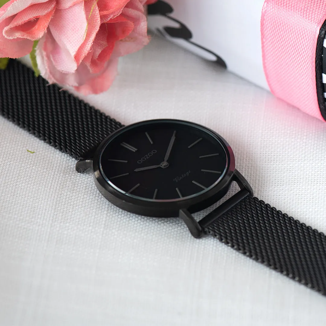 Black OOZOO watch with black metal mesh bracelet - C9935