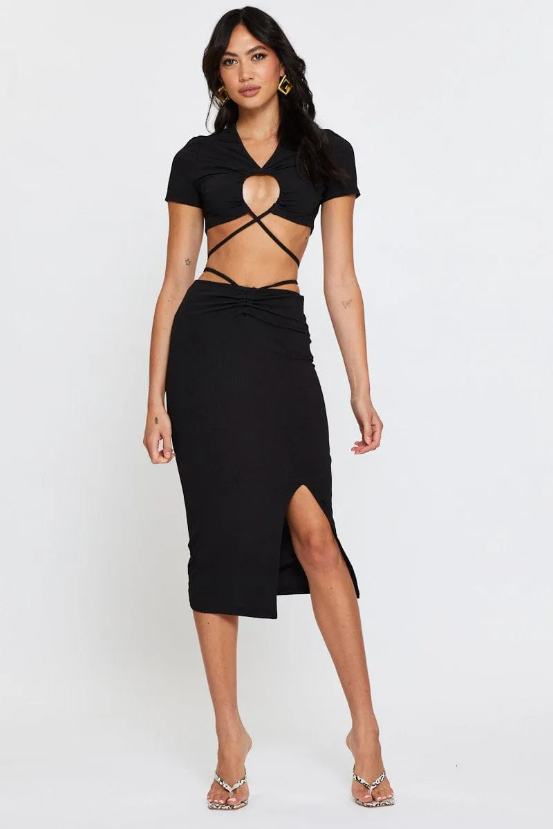 Black Ribbed Bodycon Midi Skirt,skirt,denim skirt,mini skirt,maxi skirt,jean skirt,skort,tennis skirt,pleated skirt,pencil skirt,bubble skirt,plisse skirt,fitted skirt,midi skirt,short skirt,short mini skirt,leather skirt,a line skirt,Split skirt
