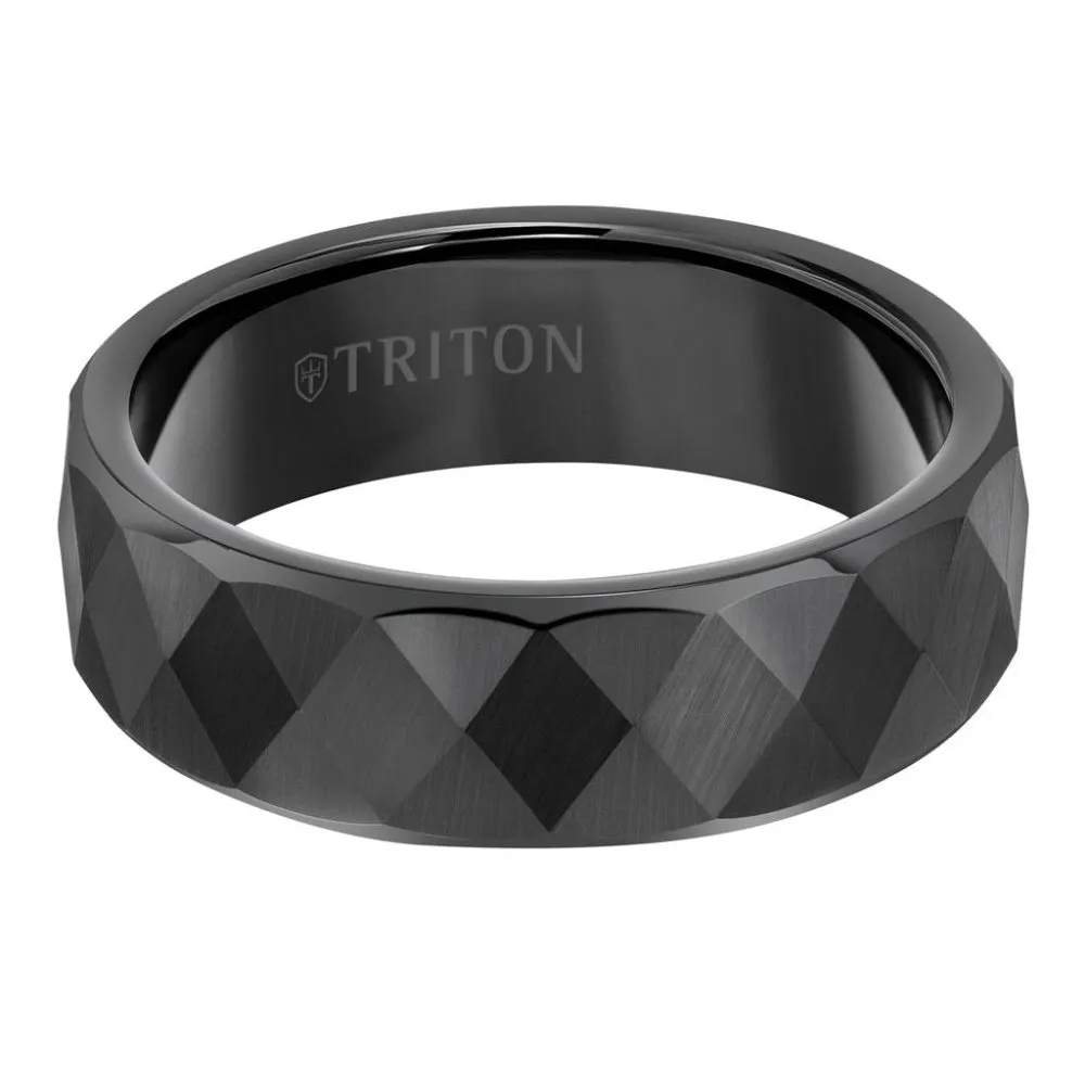 Black Tungsten Flat Edge Faceted Diamond Shape Matte 7mm Wedding Band 