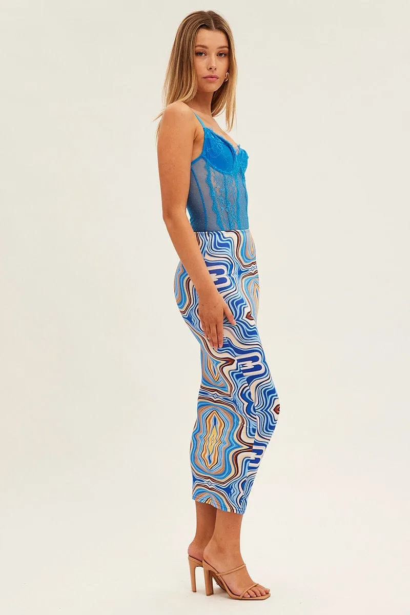 Blue Abstract Abstract Midi Skirt