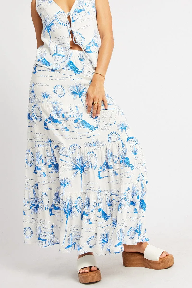 Blue Abstract Maxi Skirt Tiered High Rise Elastic Waistband,skirt,denim skirt,mini skirt,maxi skirt,jean skirt,skort,tennis skirt,pleated skirt,pencil skirt,bubble skirt,plisse skirt,fitted skirt,midi skirt,short skirt,short mini skirt,leather skirt,a line