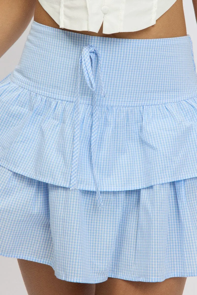 Blue Check Ruffle Mini Skirt High Rise Shirred Back Tiered
