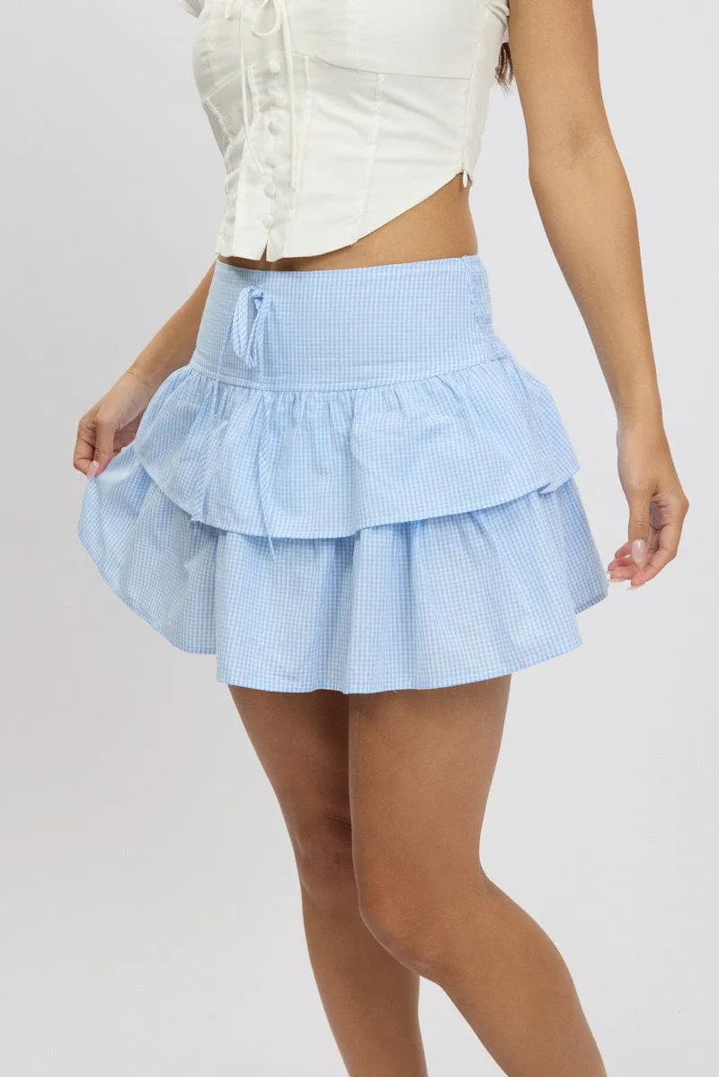 Blue Check Ruffle Mini Skirt High Rise Shirred Back Tiered,skirt,denim skirt,mini skirt,maxi skirt,jean skirt,skort,tennis skirt,pleated skirt,pencil skirt,bubble skirt,plisse skirt,fitted skirt,midi skirt,short skirt,short mini skirt,leather skirt,a line 