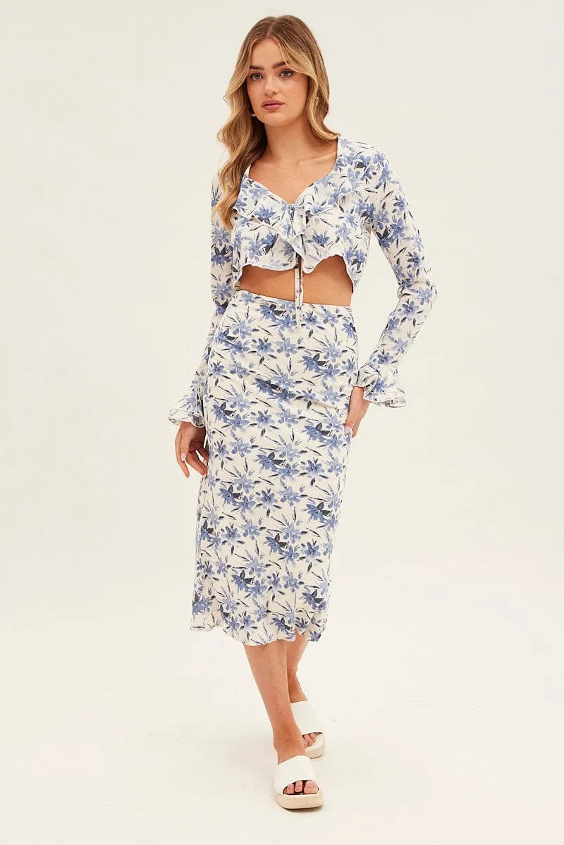 Blue Floral Midi Skirt Slip Floral Print