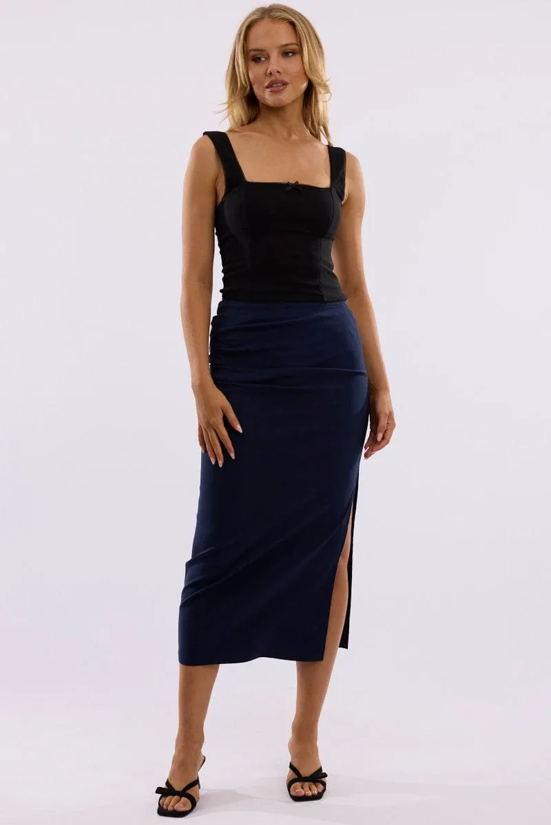 Blue Gathered Midi Skirt High Rise Bengaline Split,skirt,denim skirt,mini skirt,maxi skirt,jean skirt,skort,tennis skirt,pleated skirt,pencil skirt,bubble skirt,plisse skirt,fitted skirt,midi skirt,short skirt,short mini skirt,leather skirt,a line skirt